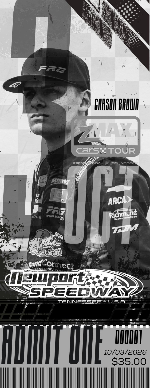 Collectible admission ticket featuring Carson Brown for the ZMAX CARS Tour at Newport Speedway