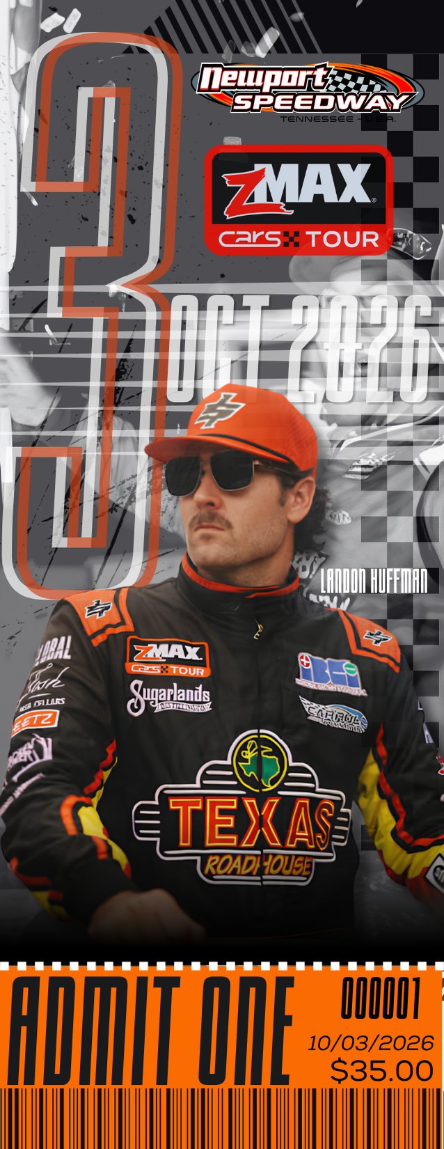 Collectible admission ticket featuring Landon Huffman for the ZMAX CARS Tour at Newport Speedway